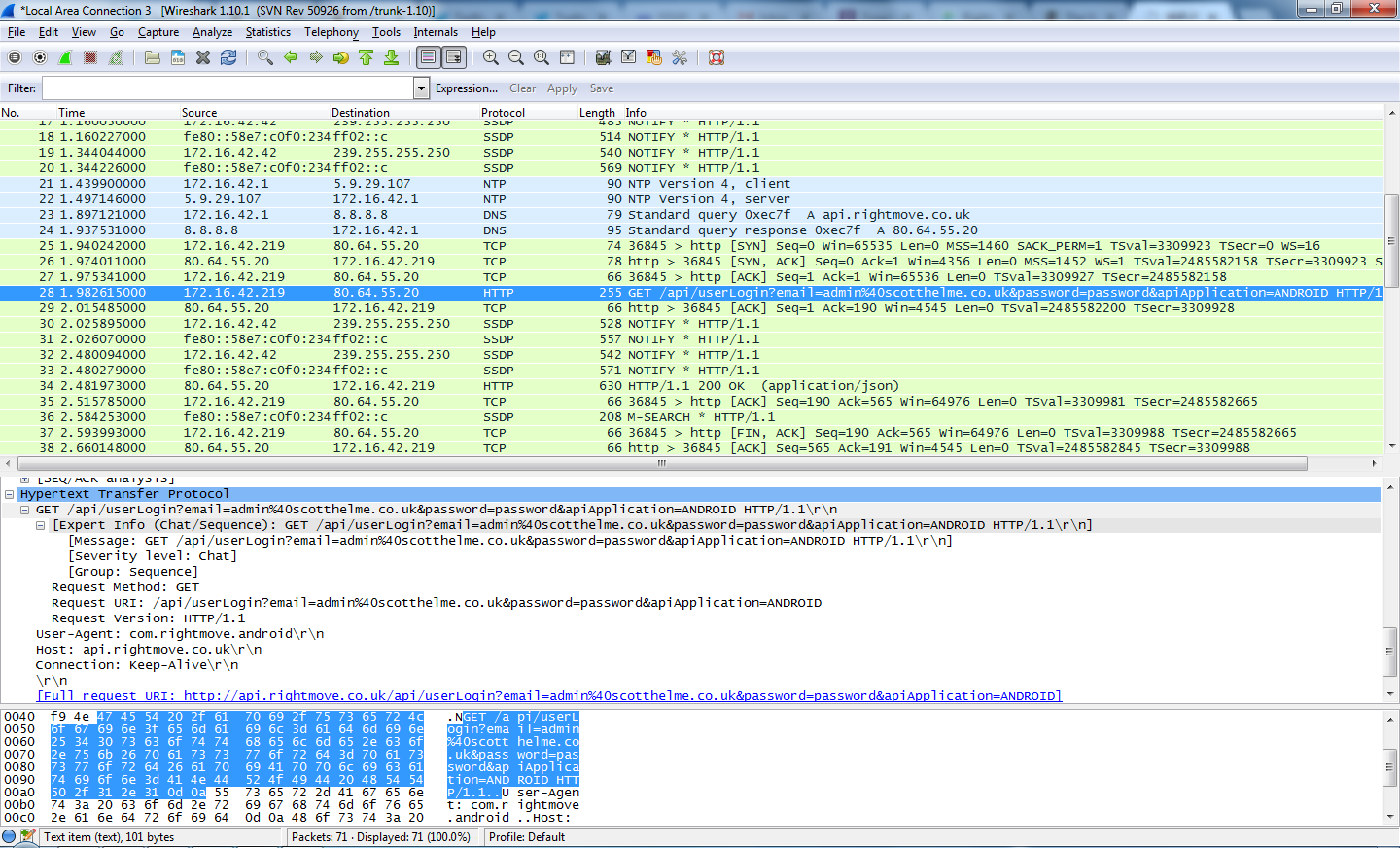  User credentials captured in Wireshark