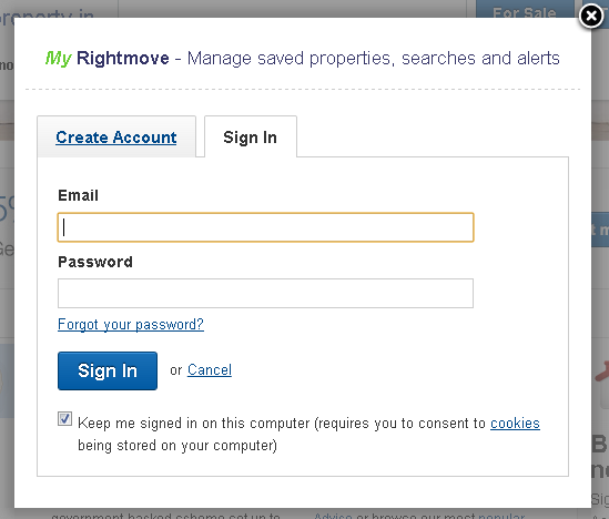 RightMove sign in popup
