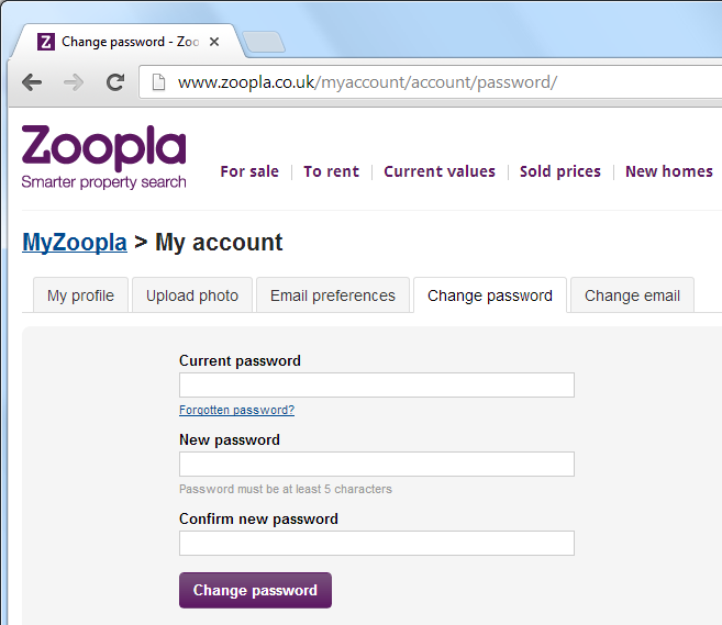  Zoopla's password reset form without any protection