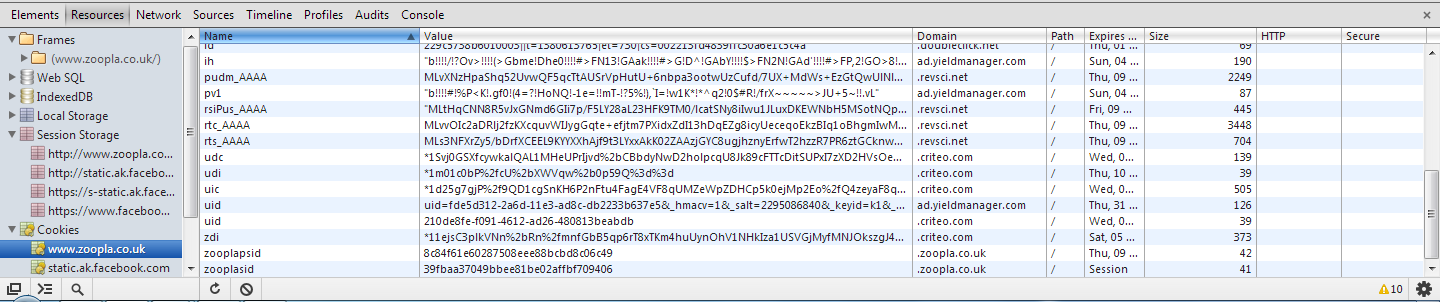 The 'zooplasid' cookie here for Zoopla is not marked as httpOnly or secure