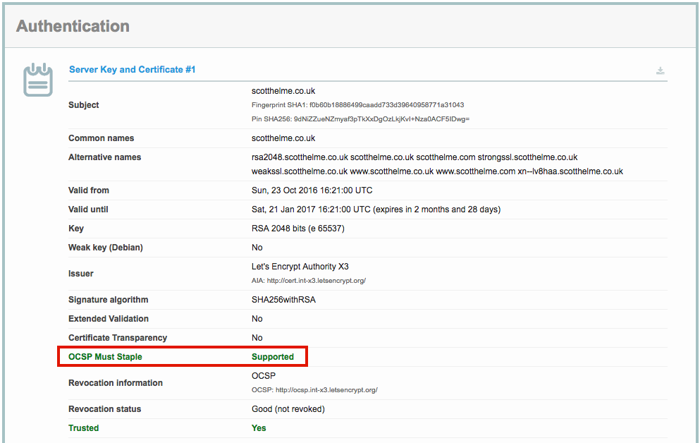 ocsp must-staple flag in SSL Labs