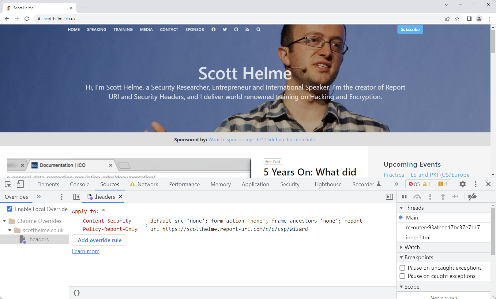 Overriding HTTP Response Headers in Chrome Dev Tools