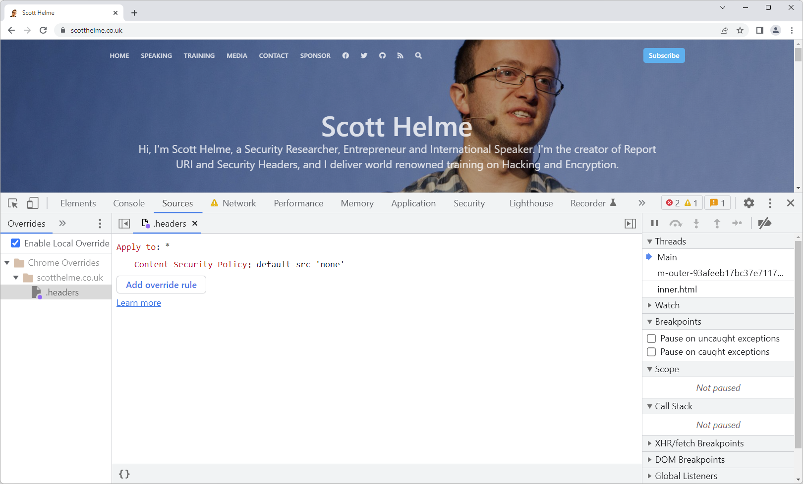 Overriding HTTP Response Headers in Chrome Dev Tools