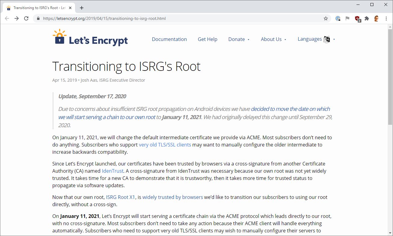 Let's Encrypt postpone the ISRG Root transition